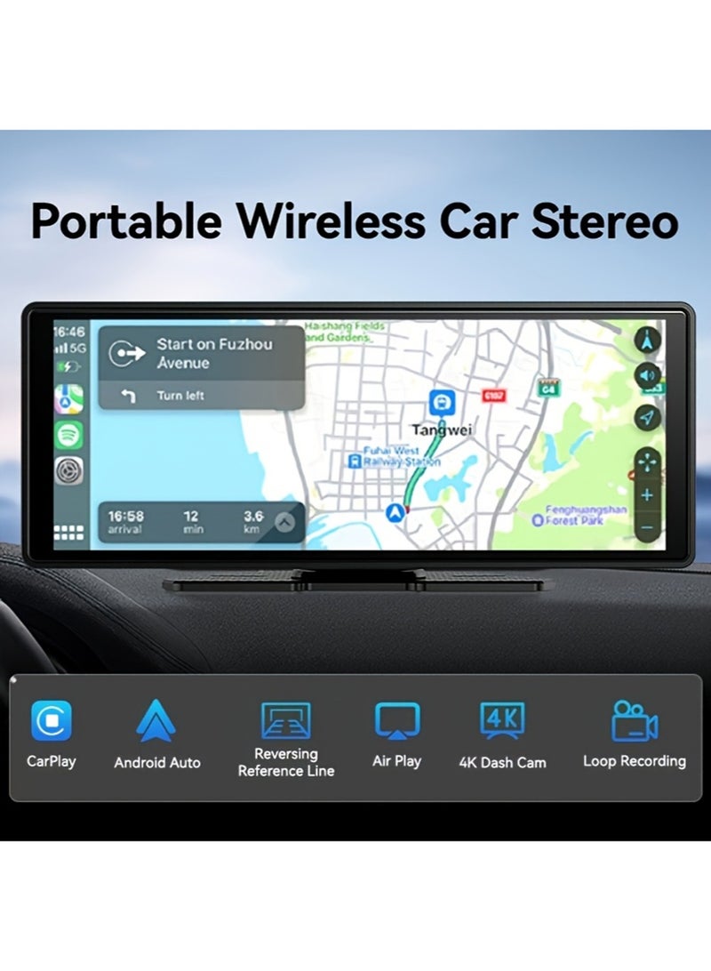 EzzySo 4K Wireless CarPlay with 10.26 Inch Screen 1080P Lens Dash Cam Supports Apple CarPlay Android Auto 5G WiFi Bluetooth FM Wireless Mirroring Portable Car Console Adapter  ﻿ - Image 2