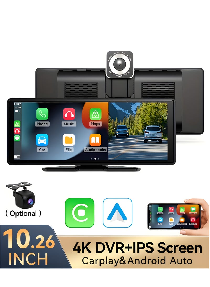 EzzySo 4K Wireless CarPlay with 10.26 Inch Screen 1080P Lens Dash Cam Supports Apple CarPlay Android Auto 5G WiFi Bluetooth FM Wireless Mirroring Portable Car Console Adapter  ﻿ - Image 1