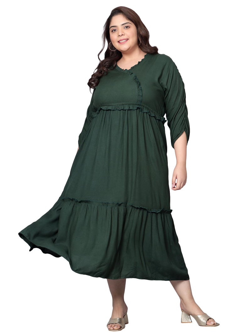 Indietoga Women's Plus Size A-Line Tiered Maxi Dress (P10001445_Green Solid_2XL) - Image 1