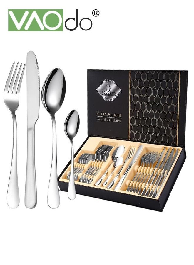 VAOdo 24 PCS Silverware Set Service for 6 Premium Stainless Steel Flatware Set Mirror Polished Cutlery Utensil Set Durable Home Kitchen Eating Tableware Set Include Fork Knife Spoon Set Dishwasher Safe Sliv  - Image 1