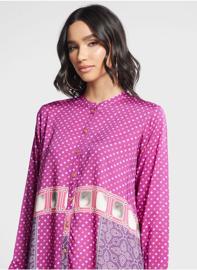 Printed Button Detail Kurti