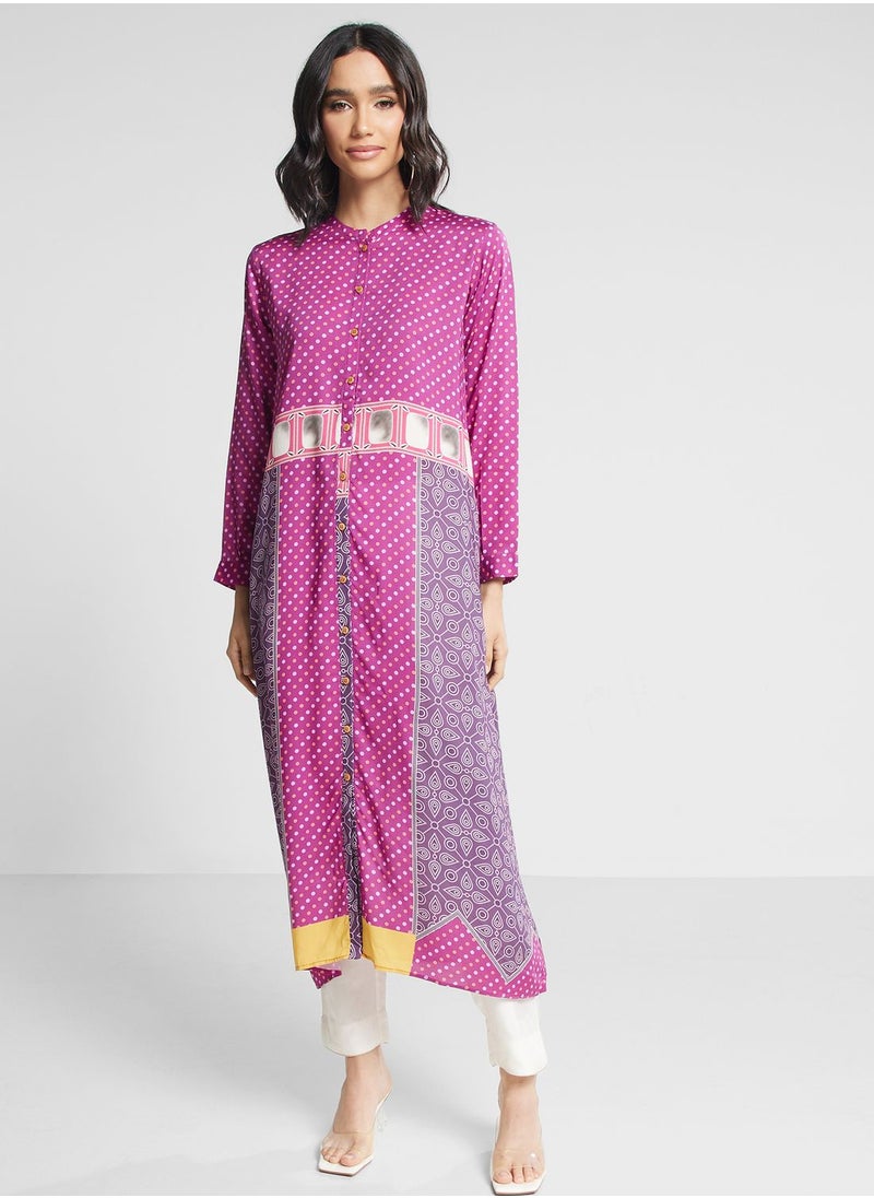 Printed Button Detail Kurti