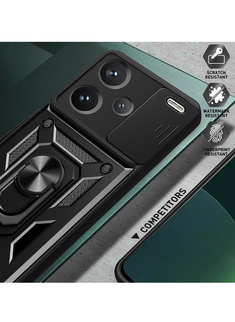 Generic Case Cover For Xiaomi Redmi Note 13 Pro Plus 5G Black Mobile Phone , Slide Camera Lens Cover + 360°Rotating Kickstand Ring + Bumper Shockproof Phone Case  - Image 2