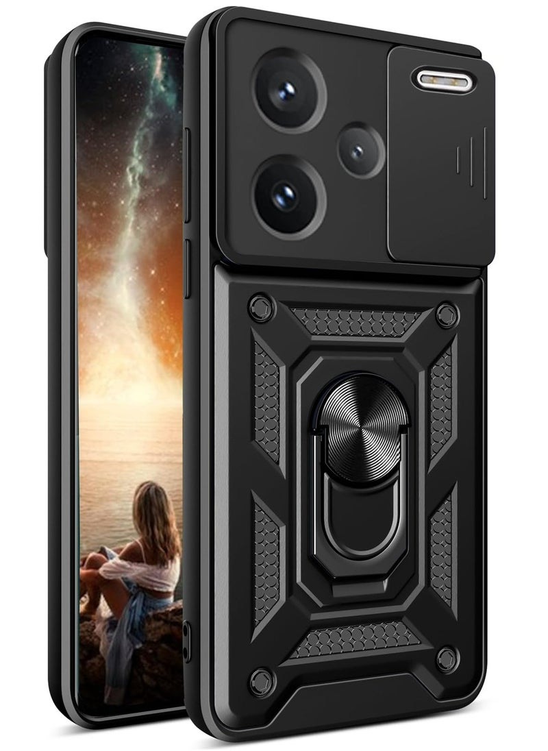 Generic Case Cover For Xiaomi Redmi Note 13 Pro Plus 5G Black Mobile Phone , Slide Camera Lens Cover + 360°Rotating Kickstand Ring + Bumper Shockproof Phone Case  - Image 1