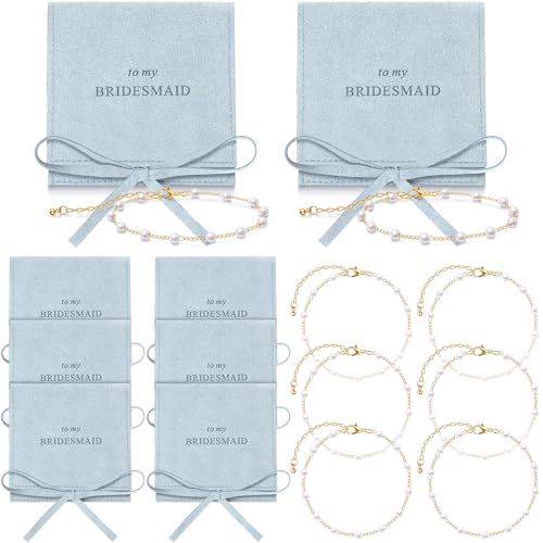Quelay 16 Pcs Jewelry Bridesmaid Gift Pearl Bracelet Microfiber Jewelry Bag Pouch Set of 8 for Wedding Bridal Party FavorLight Blue GoldBow Tie - Image 1