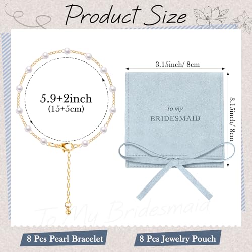 Quelay 16 Pcs Jewelry Bridesmaid Gift Pearl Bracelet Microfiber Jewelry Bag Pouch Set of 8 for Wedding Bridal Party FavorLight Blue GoldBow Tie - Image 3