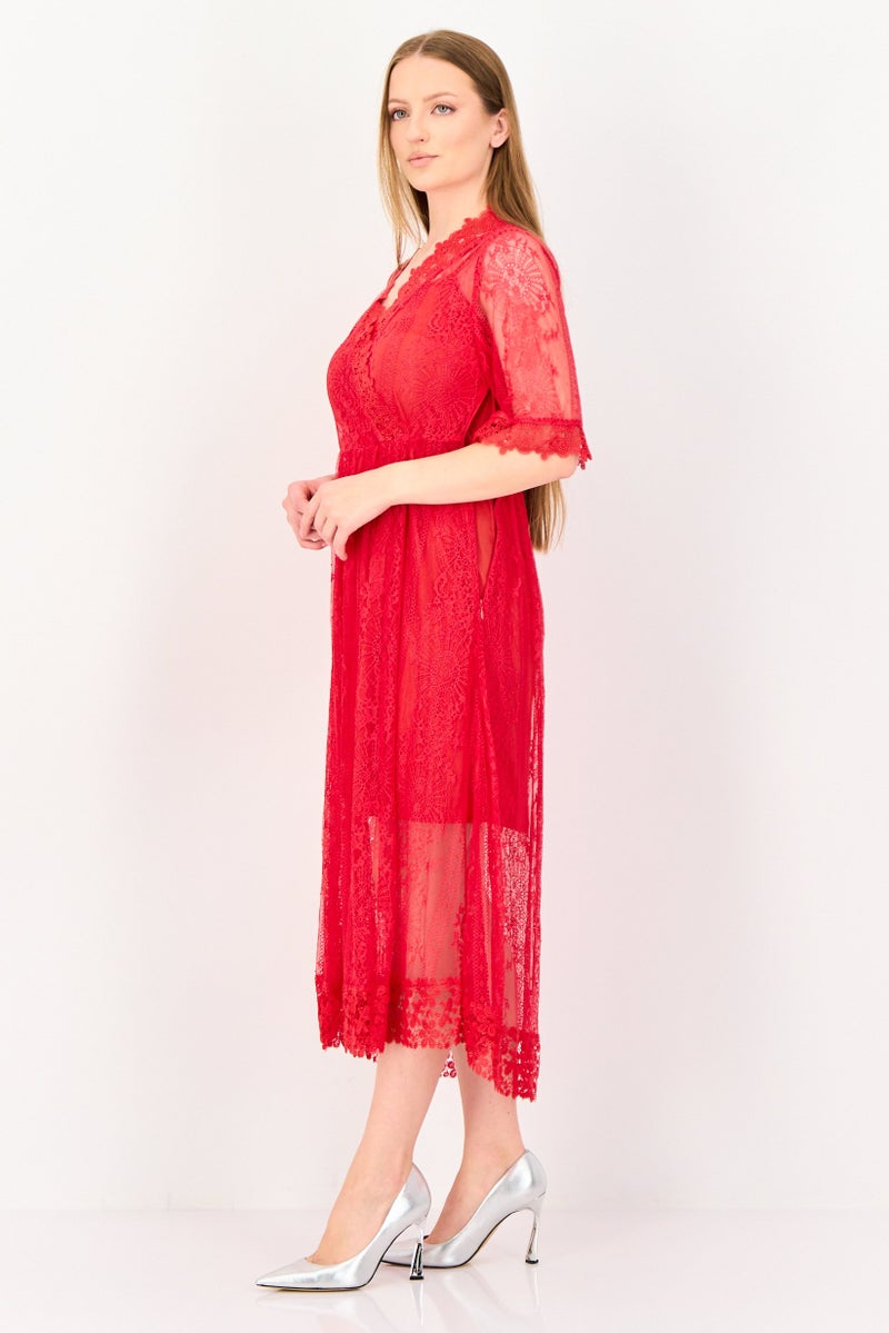 VERO MODA فستان ميدي من قطعتين بتصميم محبوك للنساء، أحمر - Image 3