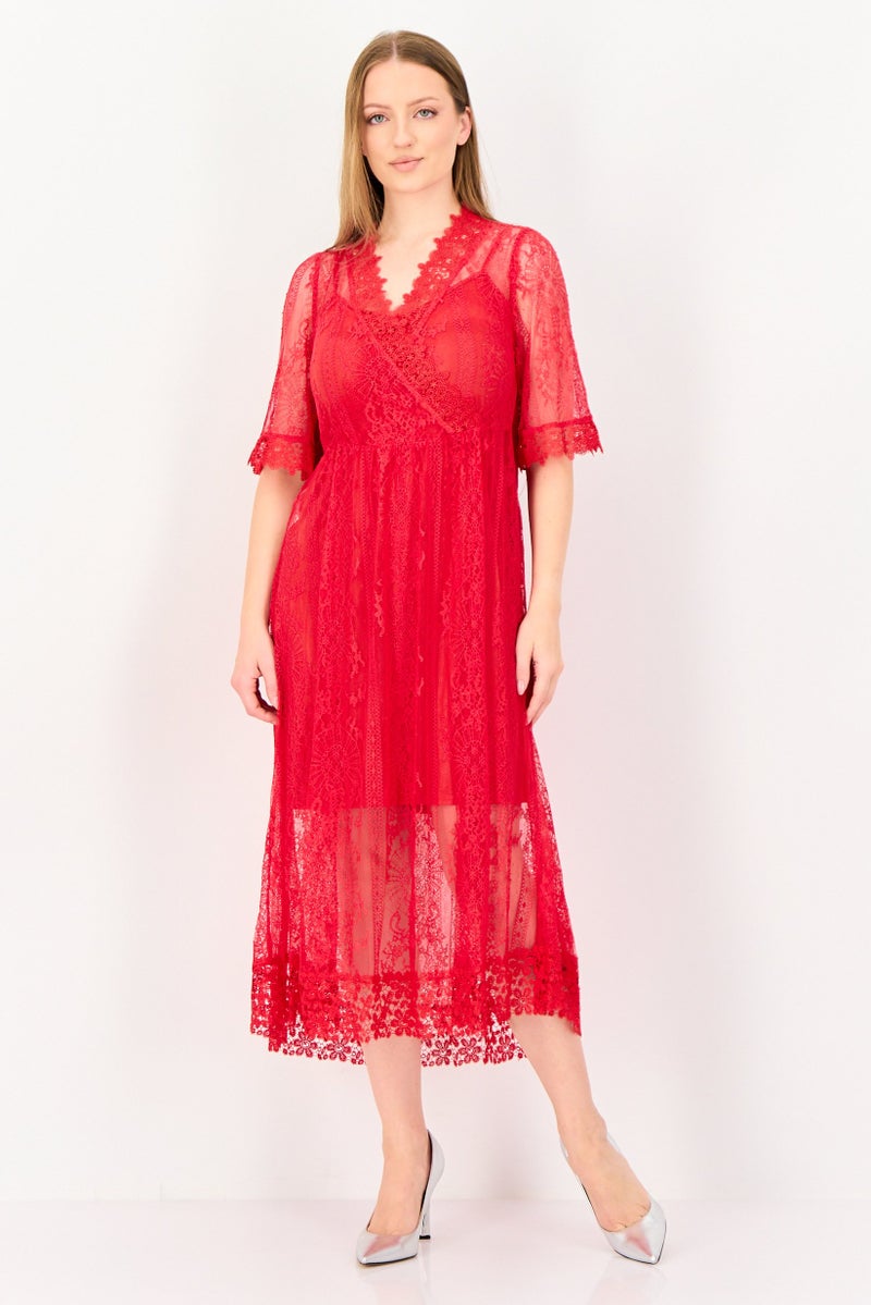 VERO MODA فستان ميدي من قطعتين بتصميم محبوك للنساء، أحمر - Image 1