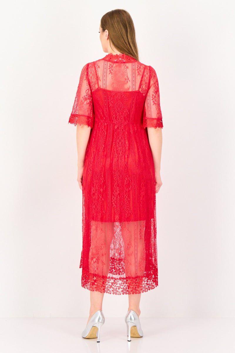 VERO MODA فستان ميدي من قطعتين بتصميم محبوك للنساء، أحمر - Image 4