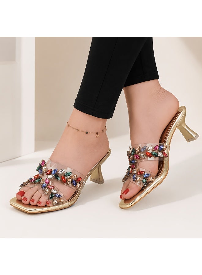 Women’s Rhinestone Heeled Sandals, Square Open Toe Clear Strap Slip-On Mules, Mid Heel Dress Shoes for Wedding Party Evening - Image 1