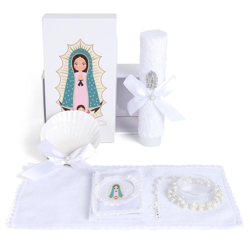 ROTEL Baptism Candle Set for Boys and Girls5 PCS Baptism Kit Virgen De Guadalupe Catholic CandleTowelShellRosaryBible for Baptismal Christening First Communion GiftsVelas para Bautizo De Nio Nia - Image 2