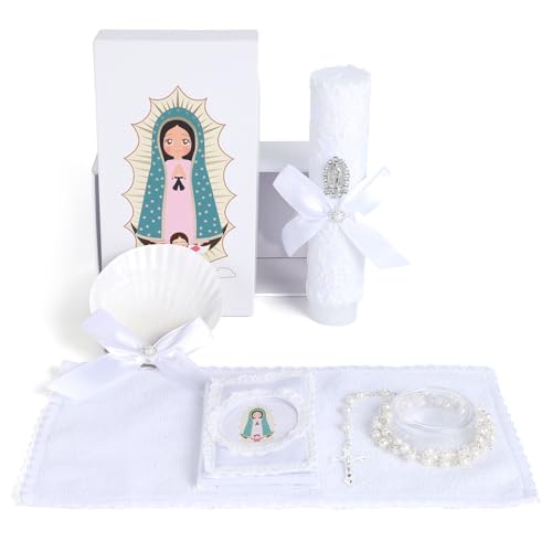 ROTEL Baptism Candle Set for Boys and Girls5 PCS Baptism Kit Virgen De Guadalupe Catholic CandleTowelShellRosaryBible for Baptismal Christening First Communion GiftsVelas para Bautizo De Nio Nia - Image 1