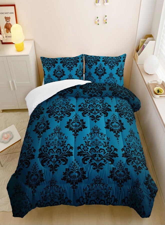 Nttopship Blue Gothic Floral Print Comforter Set King Size,Vintage Damask Floral Bedding Set,Bohemian Exotic Printed Quilted Set for Teens Adult,with 1 Comforter and 2 Pillow Case - Image 1