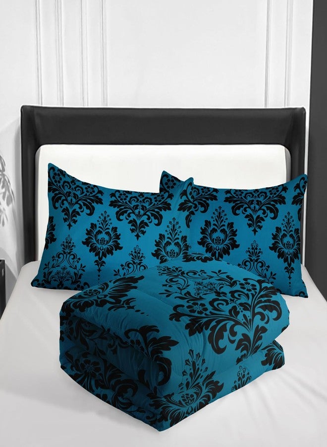 Nttopship Blue Gothic Floral Print Comforter Set King Size,Vintage Damask Floral Bedding Set,Bohemian Exotic Printed Quilted Set for Teens Adult,with 1 Comforter and 2 Pillow Case - Image 4