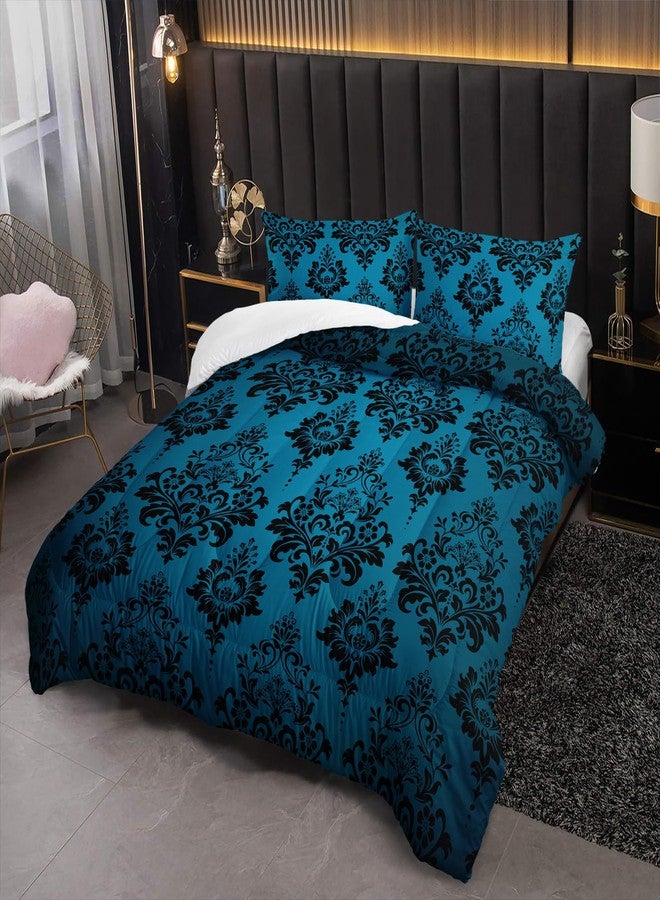 Nttopship Blue Gothic Floral Print Comforter Set King Size,Vintage Damask Floral Bedding Set,Bohemian Exotic Printed Quilted Set for Teens Adult,with 1 Comforter and 2 Pillow Case - Image 2