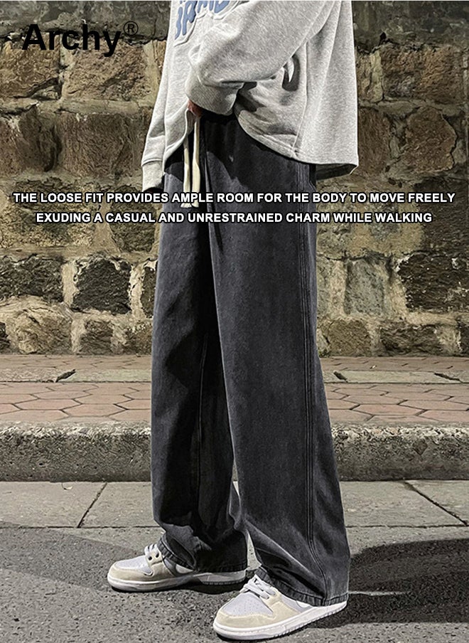 Archy Men's Loose Fit Drawstring Jeans - Streetwear Baggy Denim Pants with Acid Wash & Cargo Pockets  - Image 2