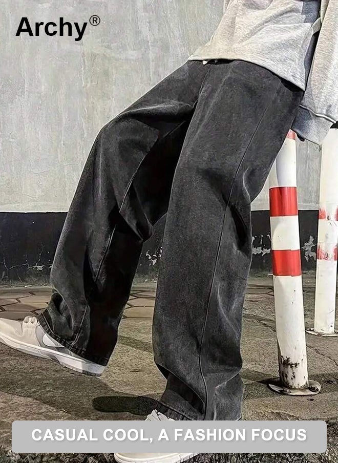 Archy Men's Loose Fit Drawstring Jeans - Streetwear Baggy Denim Pants with Acid Wash & Cargo Pockets  - Image 3