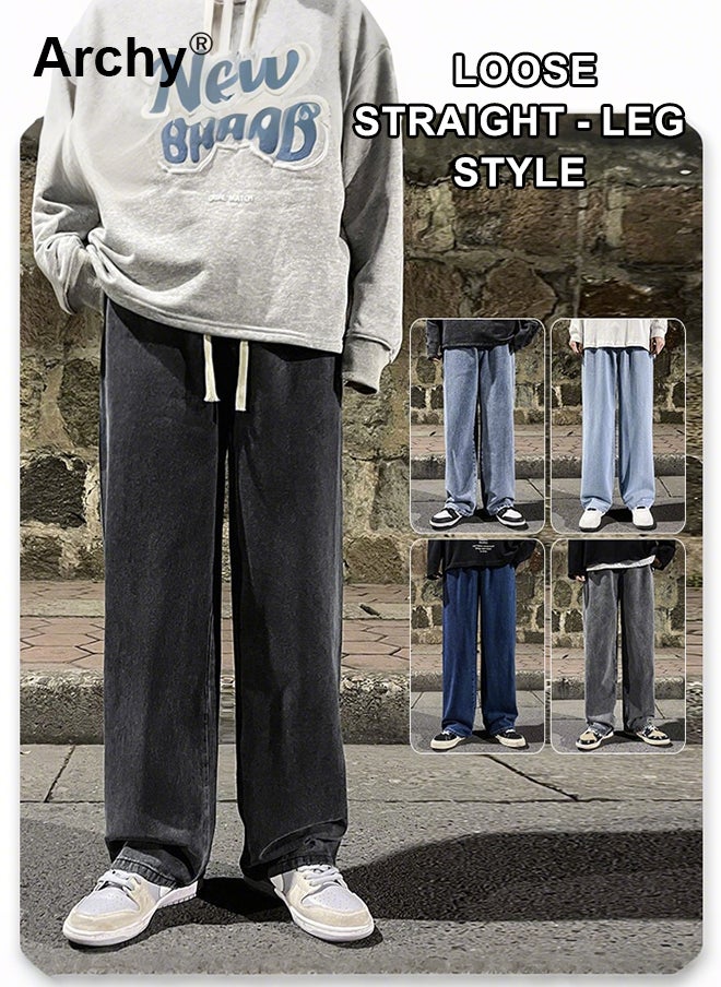 Archy Men's Loose Fit Drawstring Jeans - Streetwear Baggy Denim Pants with Acid Wash & Cargo Pockets  - Image 1