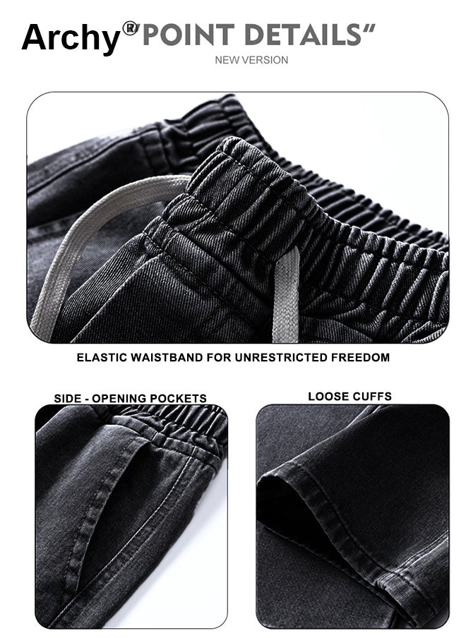 Archy Men's Loose Fit Drawstring Jeans - Streetwear Baggy Denim Pants with Acid Wash & Cargo Pockets  - Image 5