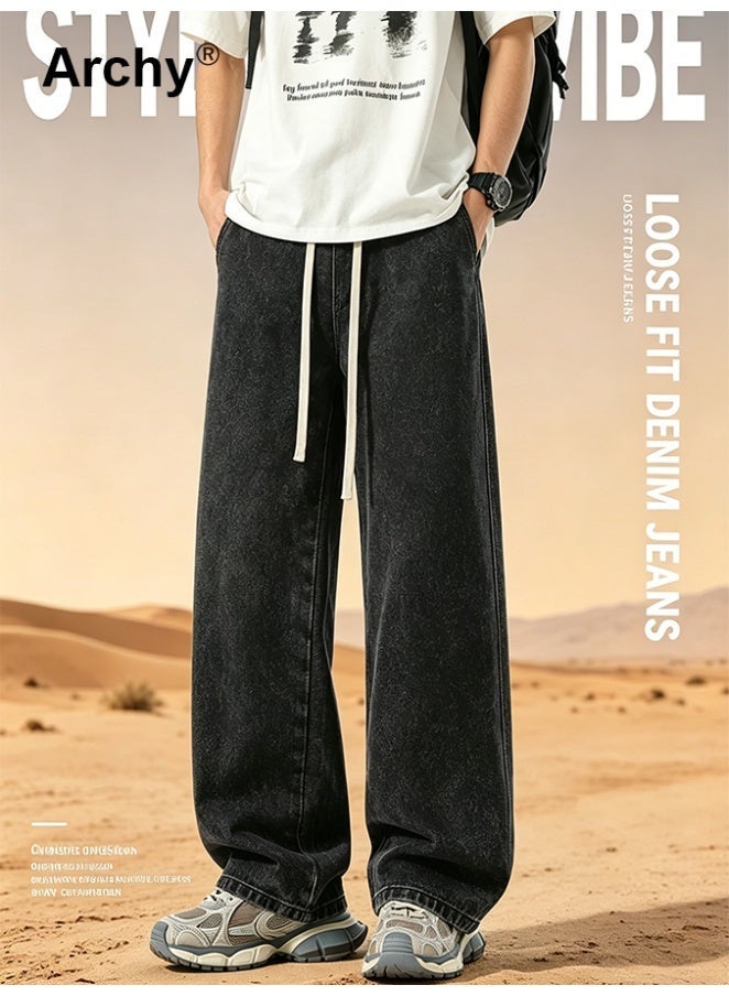 Archy Men's Loose Fit Drawstring Jeans - Streetwear Baggy Denim Pants with Acid Wash & Cargo Pockets - Image 2