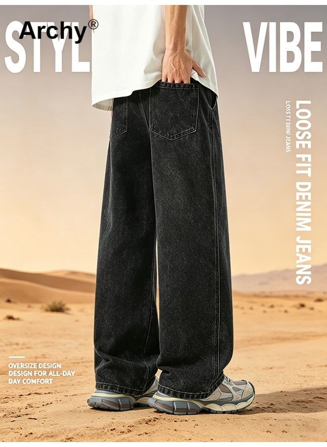 Archy Men's Loose Fit Drawstring Jeans - Streetwear Baggy Denim Pants with Acid Wash & Cargo Pockets - Image 3