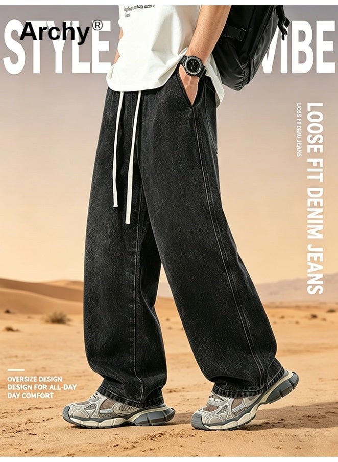 Archy Men's Loose Fit Drawstring Jeans - Streetwear Baggy Denim Pants with Acid Wash & Cargo Pockets - Image 1
