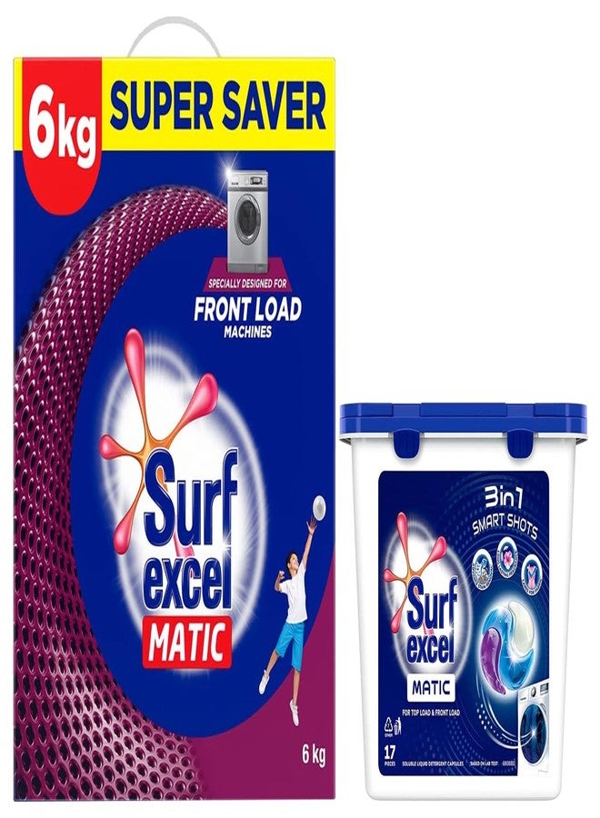 سيرف إيكسل مسحوق غسيل Surf Excel Matic للغسالات ذات التحميل الأمامي 4 كجم - للغسالات ذات التحميل الأمامي، بالإضافة إلى سائل غسيل Surf Excel 3 في 1 Smart Shots للغسالات ذات التحميل الأمامي والعلوي (مجموعة كومبو) - Image 1