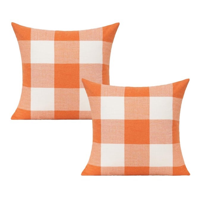 FALL OUTDOOR DECOR THROW PILLOW COVERS 18X18 SET OF 2 ORANGE BUFFALO PLAID THANKSGIVING FRONT PORCH FARMHOUSE RUSTIC CUSHION AUTUMN HOME DECORATIONS FOR COUCH SOFA LIVING ROOM
