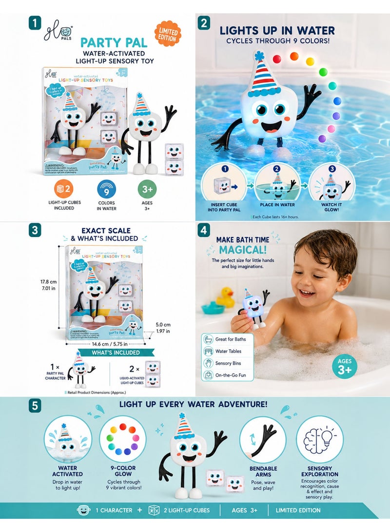 Glo Pals Party Pal Limited Edition Water-Activated Light-Up Sensory Toy with 2 Light-Up Cubes, 9-Color Cycle, Bendable Arms, Ages 3+, White - Image 5