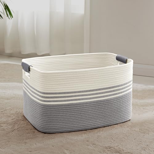 SunNewt 60L Large Laundry Basket with Leather Handles for Living Room Storage, Woven Rope Baskets Bin for Blanket, Kids Toy, Gifts, Wicker Hamper for Bedroom Dirty Clothes, 21"x15"x11" White Grey - Image 5