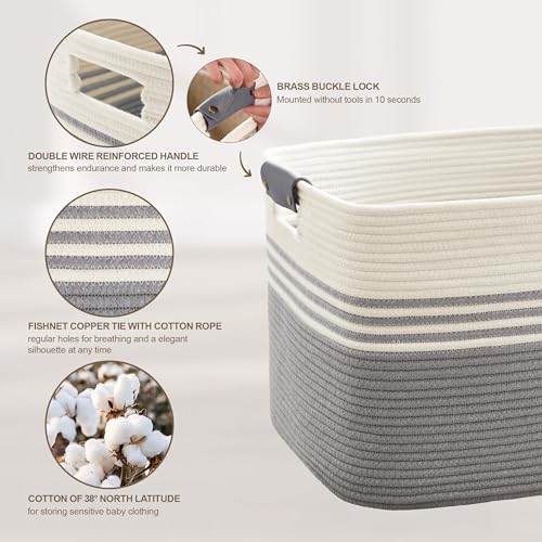 SunNewt 60L Large Laundry Basket with Leather Handles for Living Room Storage, Woven Rope Baskets Bin for Blanket, Kids Toy, Gifts, Wicker Hamper for Bedroom Dirty Clothes, 21"x15"x11" White Grey - Image 2