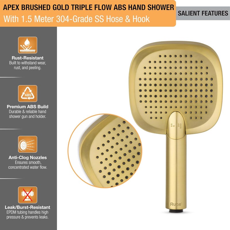 Ruhe Apex MultiFunctional TripleFlow Modes ABS Hand Shower with 15 Meter 304Grade Stainless Steel Hose Hook Brushed Gold Finish - Image 3