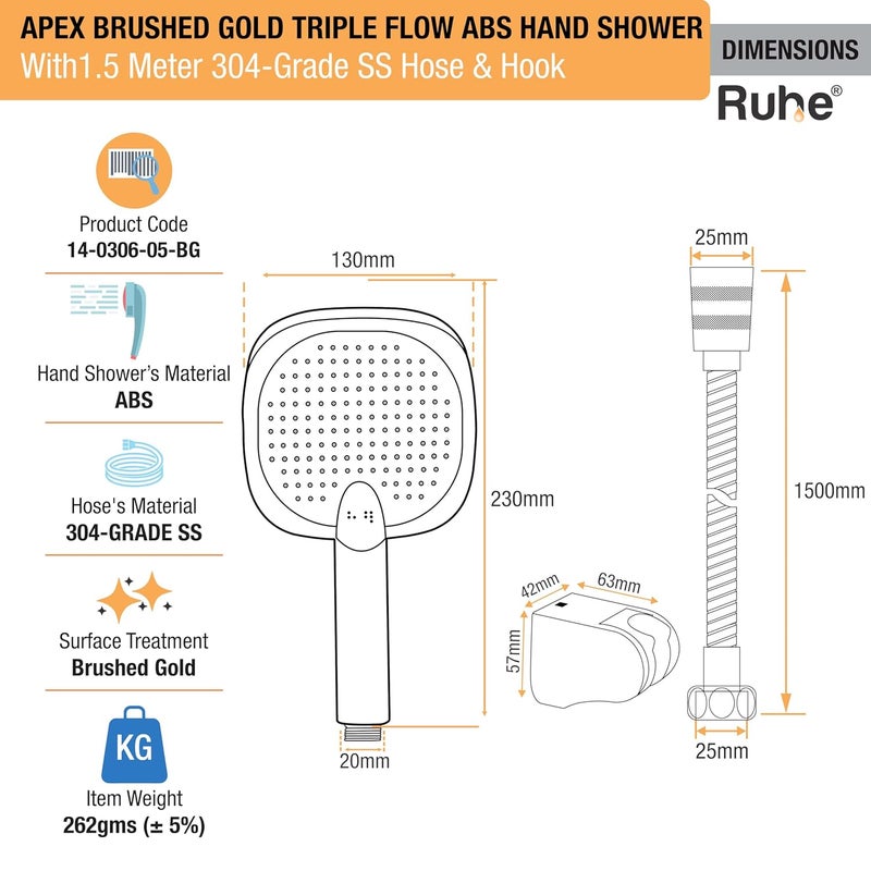 Ruhe Apex MultiFunctional TripleFlow Modes ABS Hand Shower with 15 Meter 304Grade Stainless Steel Hose Hook Brushed Gold Finish - Image 2