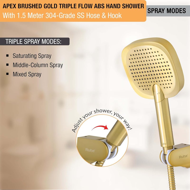 Ruhe Apex MultiFunctional TripleFlow Modes ABS Hand Shower with 15 Meter 304Grade Stainless Steel Hose Hook Brushed Gold Finish - Image 5