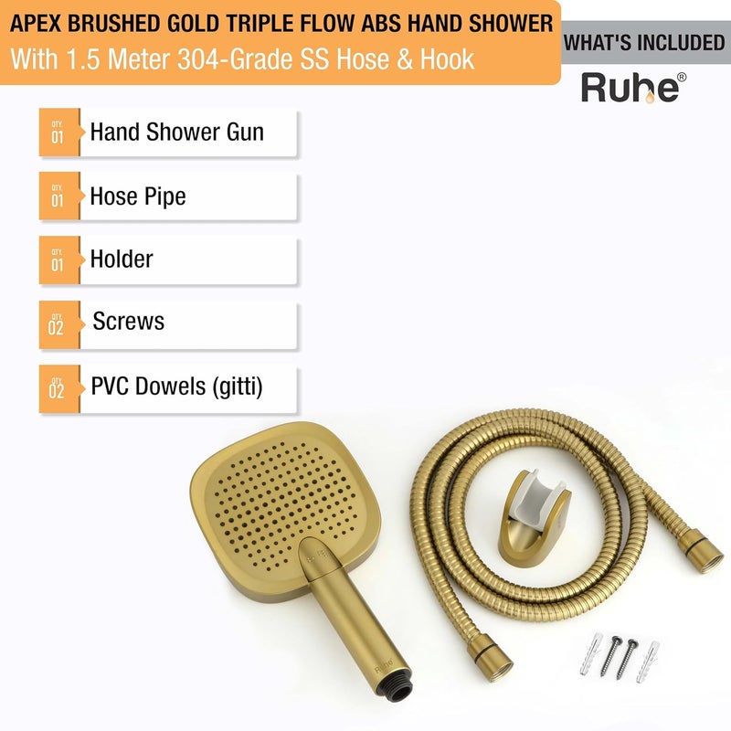 Ruhe Apex MultiFunctional TripleFlow Modes ABS Hand Shower with 15 Meter 304Grade Stainless Steel Hose Hook Brushed Gold Finish - Image 4