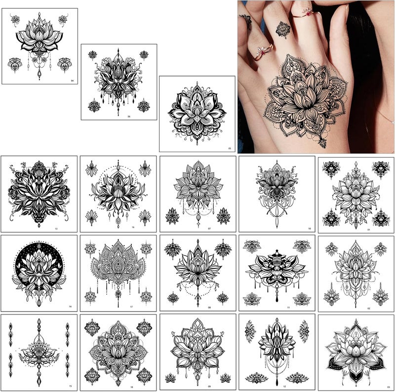 18 Sheets Black Temporary Tattoos Waterproof Fake Tattoo Kits for Women Girls Lotus Mandala Flower Tattoo Stickers Neck Chest Arm