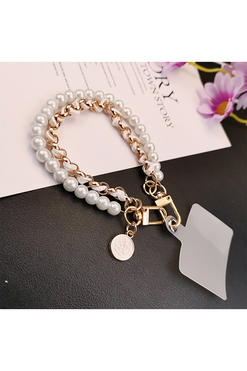 WHITE Mobile Phone Lanyard Short Wrist Chain Rope Pearl Leather String Lanyard Hand Woven Anti Loss