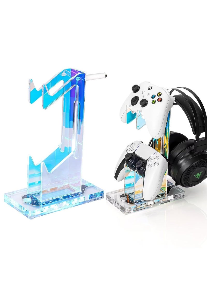 Controller Holder Headset Stand with Lights have 3 modes and 7 colors, 2 Tier Acrylic Gaming Controller Stand for PS4, PS5, Xbox ONE, Switch, Universal Design (Iridescent Sheer) - Image 1