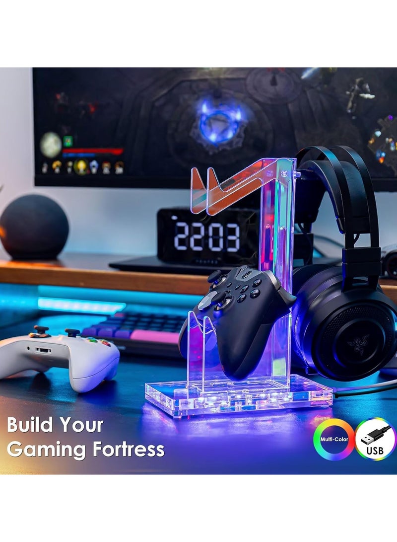 Controller Holder Headset Stand with Lights have 3 modes and 7 colors, 2 Tier Acrylic Gaming Controller Stand for PS4, PS5, Xbox ONE, Switch, Universal Design (Iridescent Sheer) - Image 3