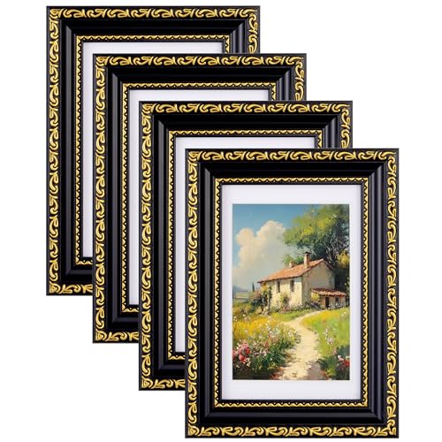 eletecpro 4x6 Picture Frames Set of 4, Gothic Frame with Glass Cover, Ornate Vintage Photo Frames 4 by 6 Display 3.5x5 Photo with Mat or 4x6 without Mat for Tabletop or Wall Decor, Black Gold - Image 1