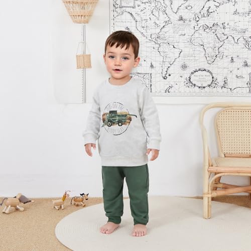 Lucikamy Toddler Baby Boy Fall Winter Outfits Tractor Print Long Sleeve Sweatshirt + Pants Set Kids Sweatsuit Clothes (A-Gray, 12-18 Months) - Image 2