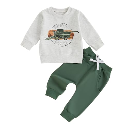 Lucikamy Toddler Baby Boy Fall Winter Outfits Tractor Print Long Sleeve Sweatshirt + Pants Set Kids Sweatsuit Clothes (A-Gray, 12-18 Months) - Image 1