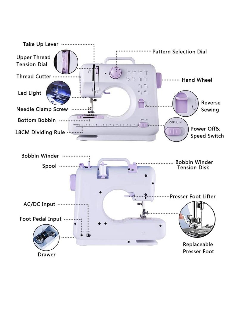 Multifunction Mini Sewing Machine YASM-505A Small Electric Sewing Machines with 2 Speed 12 Built-in Stitch Patterns Sewing Machine For Beginners