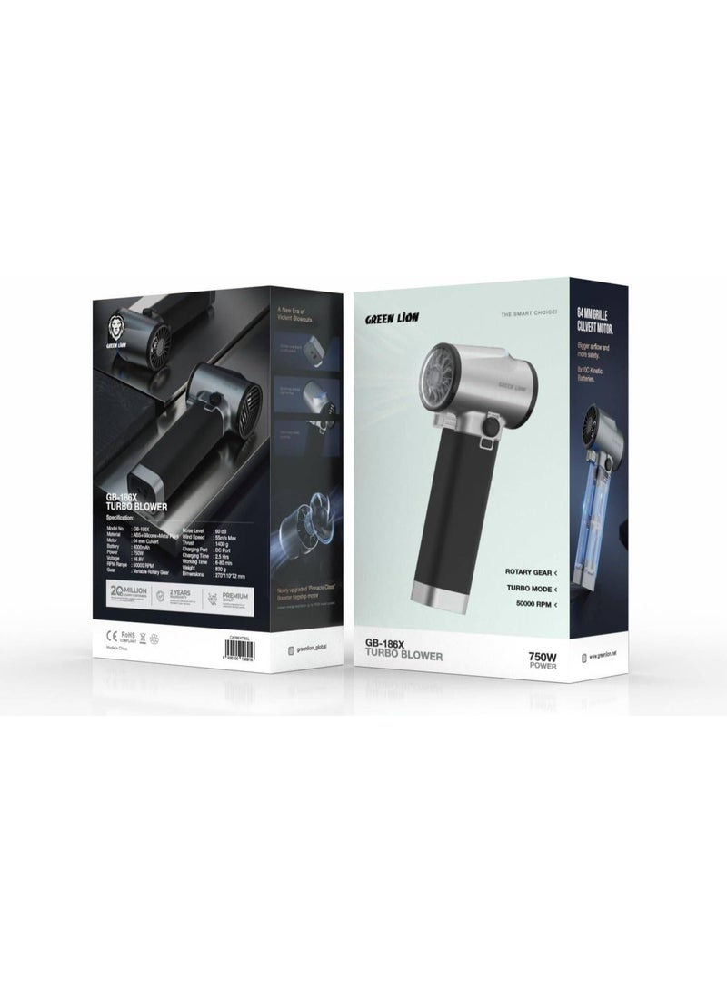 GREEN LION The Green Lion GB-186X turbo air blower features 750W power, a wind speed of 55 m/s, variable speed gears, a 50,000 RPM motor, a long-lasting 4000 mAh battery, an LED light, and a durable, quiet design. - Image 1