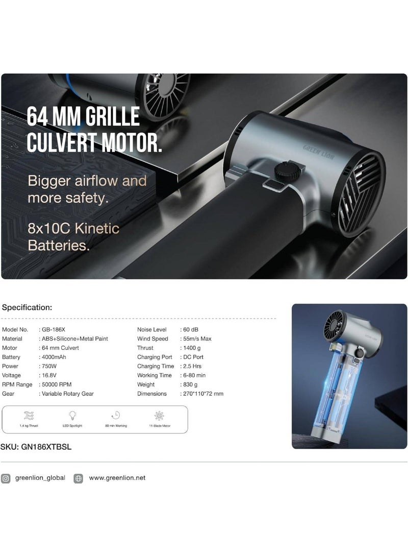 GREEN LION The Green Lion GB-186X turbo air blower features 750W power, a wind speed of 55 m/s, variable speed gears, a 50,000 RPM motor, a long-lasting 4000 mAh battery, an LED light, and a durable, quiet design. - Image 3