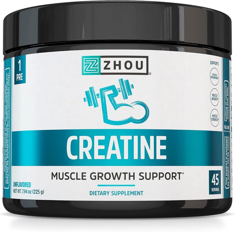 Zhou Nutrition Creatine Monohydrate Powder Pure Unflavored Creatine Powder Workout Recovery Physical Performance Support Vegan NonGMO Gluten Free Made without Soy 45 Servings - Image 1