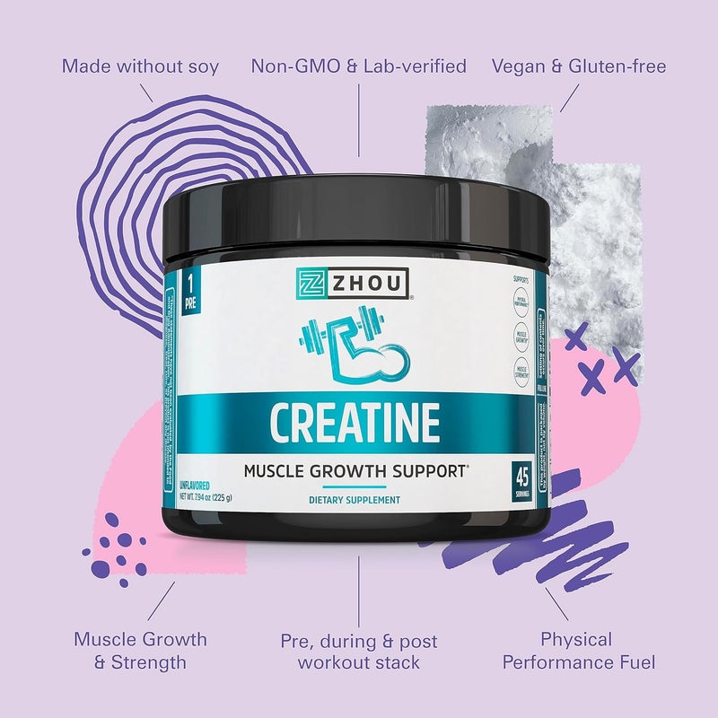 Zhou Nutrition Creatine Monohydrate Powder Pure Unflavored Creatine Powder Workout Recovery Physical Performance Support Vegan NonGMO Gluten Free Made without Soy 45 Servings - Image 4