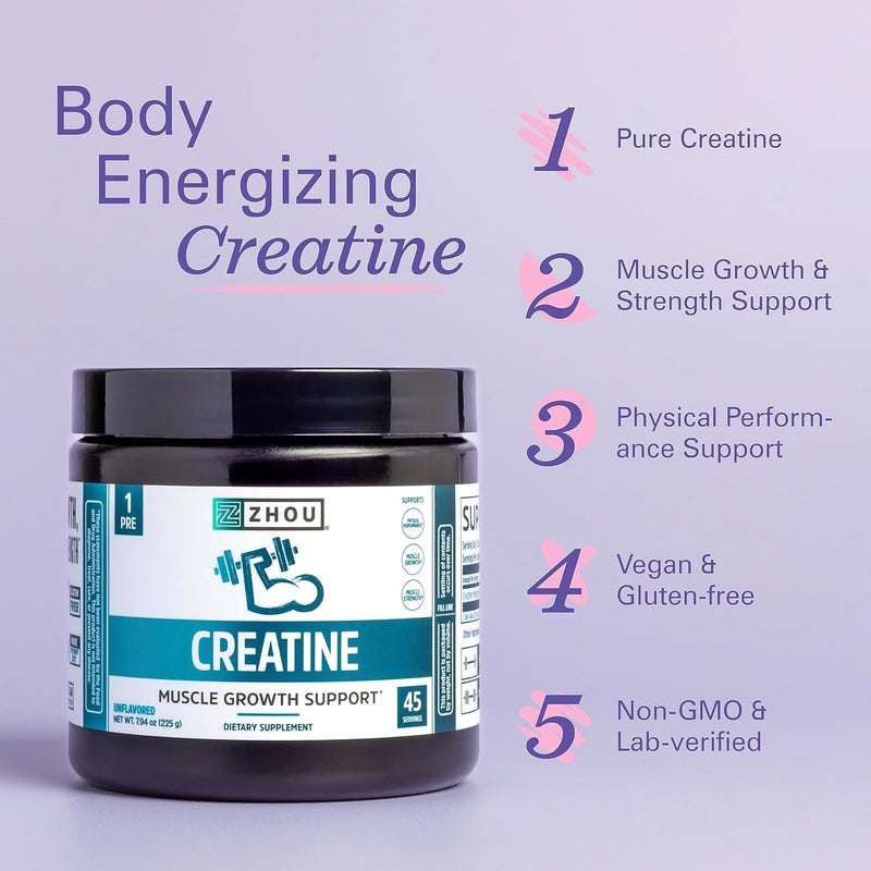 Zhou Nutrition Creatine Monohydrate Powder Pure Unflavored Creatine Powder Workout Recovery Physical Performance Support Vegan NonGMO Gluten Free Made without Soy 45 Servings - Image 3