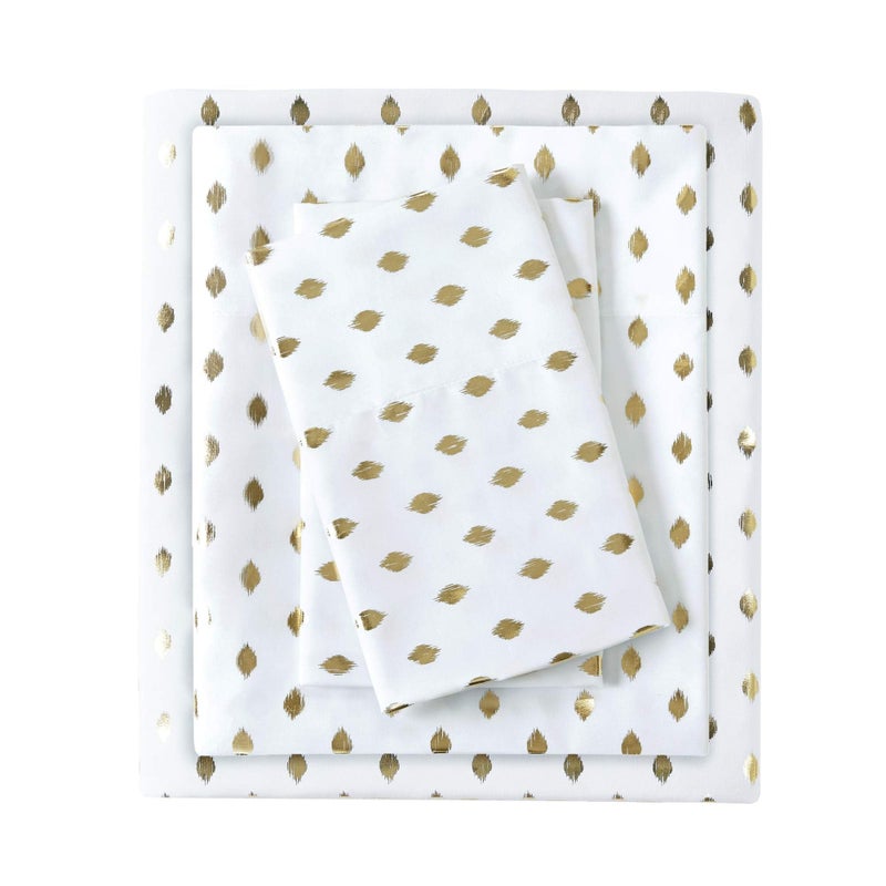 Intelligent Design Microfiber Cozy Bed Sheet Set  Modern All Season Bedding & Pillowcases  Premium 14"" Elastic Pocket Fits up to 16"" Mattress  Full White/Gold Metallic Dot 4 Piece - Image 1