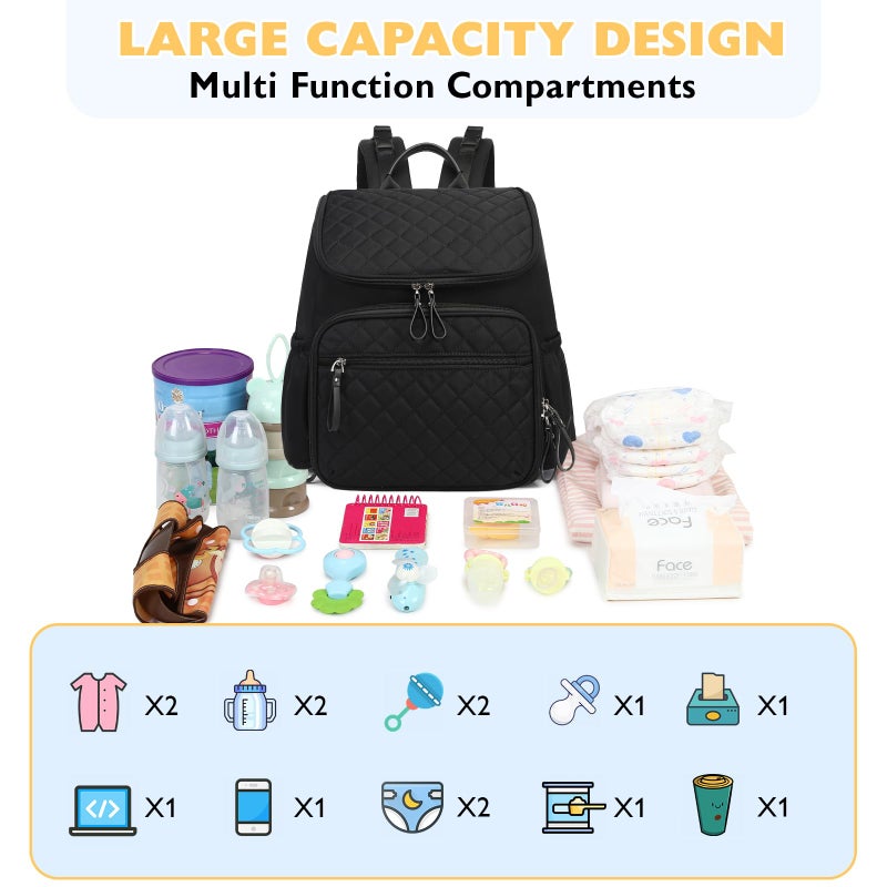 LORADI Large Capacity Diaper Bag Backpack with Stroller Buckle, Water-Resistant Travel Baby Bag with Insulated Pockets (Nylon, Black) - Image 3